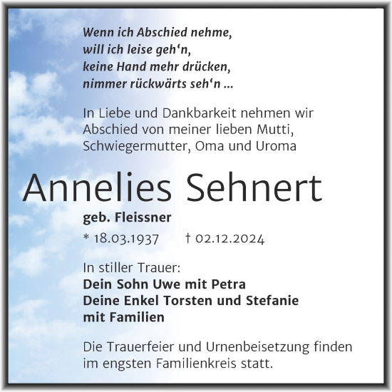 Traueranzeige von Annelies Sehnert von Trauerkombi Mansfelder Land