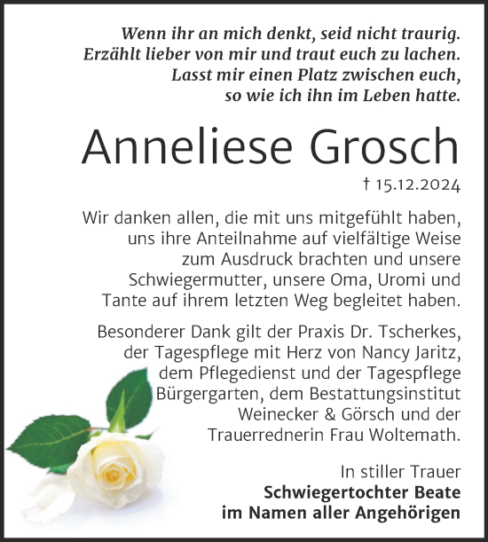 Traueranzeige von Anneliese Grosch von Trauerkombi Bernburg