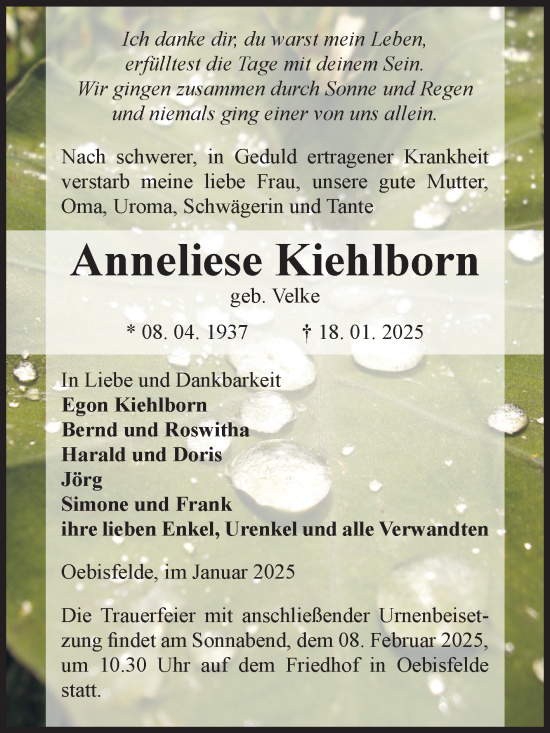 Traueranzeige von Anneliese Kiehlborn von Volksstimme Altmark West