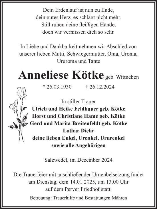 Traueranzeige von Anneliese Kötke von Volksstimme Altmark West