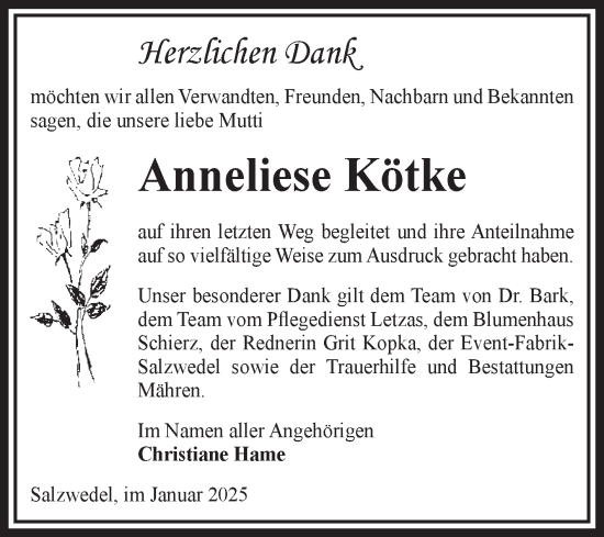 Traueranzeige von Anneliese Kötke von Volksstimme Altmark West
