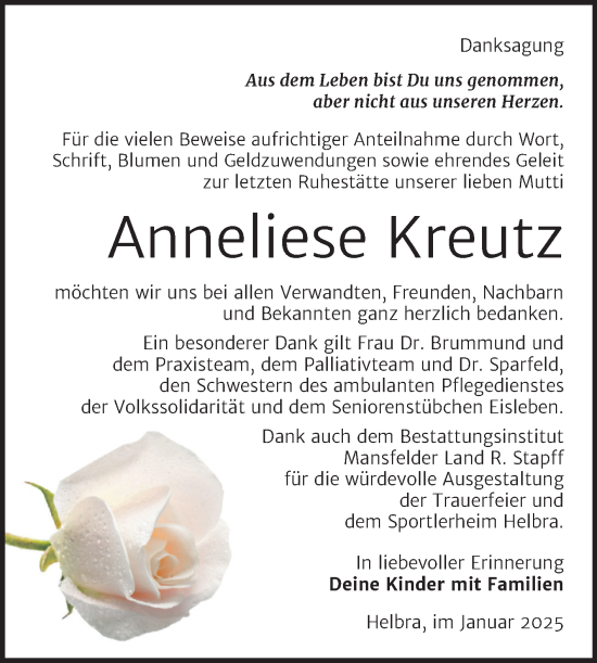 Traueranzeige von Anneliese Kreutz von Trauerkombi Mansfelder Land