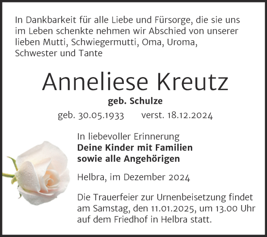 Traueranzeige von Anneliese Kreutz von Trauerkombi Mansfelder Land