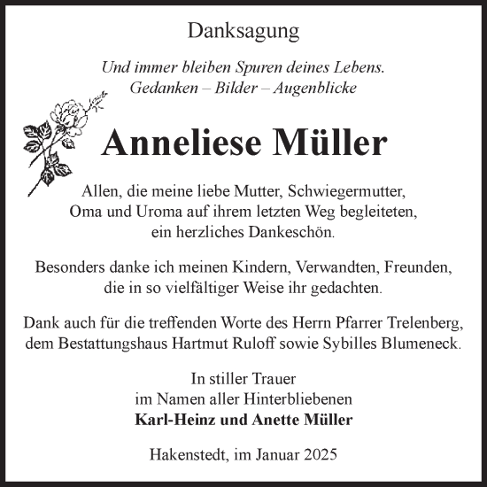 Traueranzeige von Anneliese Müller von Volksstimme Haldensleben/Wolmirstedt