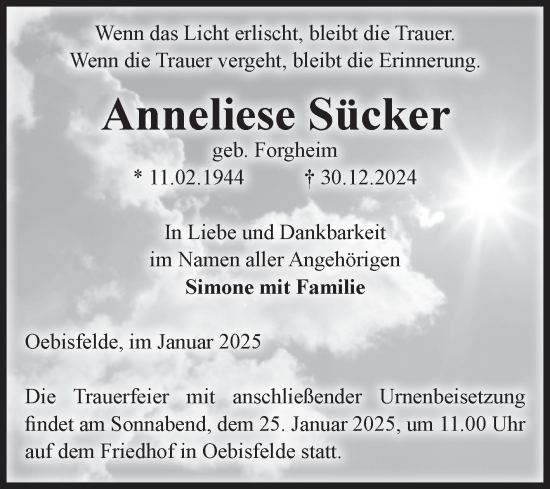 Traueranzeige von Anneliese Sücker von Volksstimme Altmark West