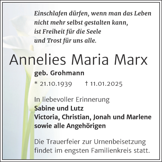 Traueranzeige von Annelies Maria Marx von Trauerkombi Merseburg