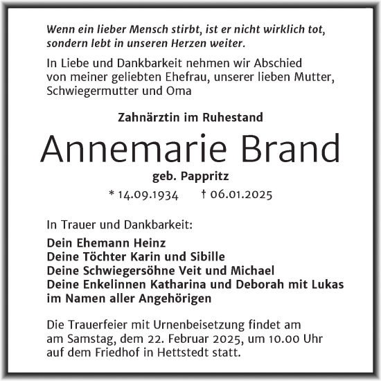 Traueranzeige von Annemarie Brand von Trauerkombi Mansfelder Land