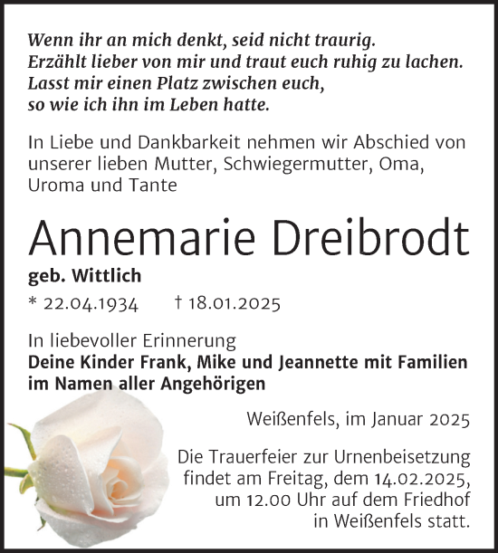 Traueranzeige von Annemarie Dreibrodt von Trauerkombi Weißenfels
