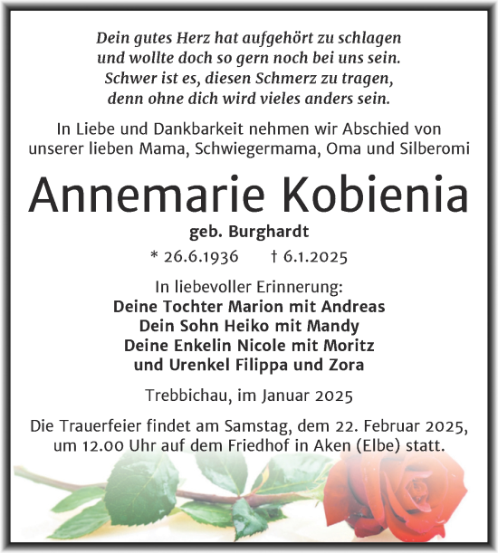 Traueranzeige von Annemarie Kobienia von Trauerkombi Dessau
