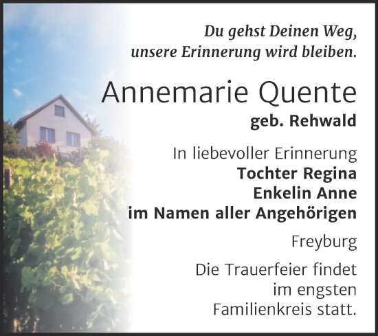 Traueranzeige von Annemarie Quente von Naumburger Tageblatt