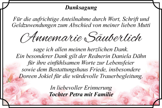 Traueranzeige von Annemarie Säuberlich von Trauerkombi Dessau