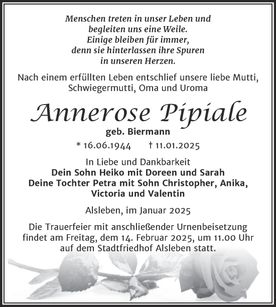 Traueranzeige von Annerose Pipiale von Trauerkombi Bernburg
