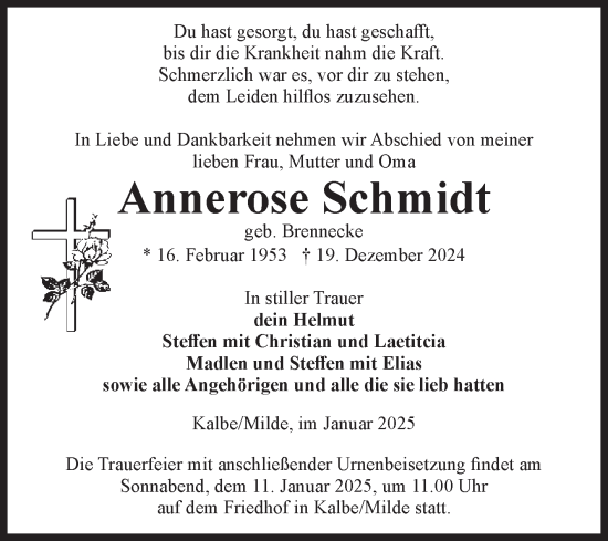 Traueranzeige von Annerose Schmidt von Volksstimme Altmark West
