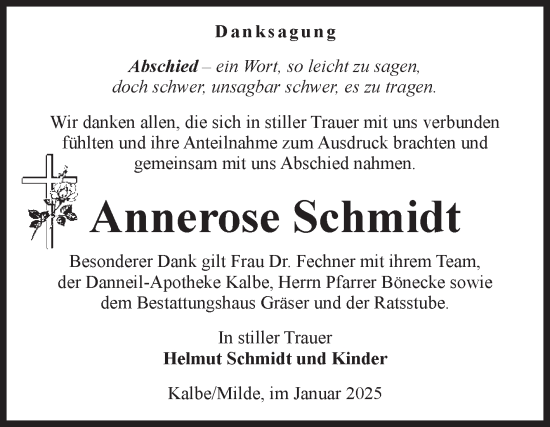 Traueranzeige von Annerose Schmidt von Volksstimme Altmark West