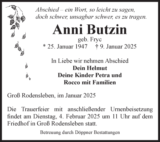 Traueranzeige von Anni Butzin von Volksstimme Oschersleben/Wanzleben