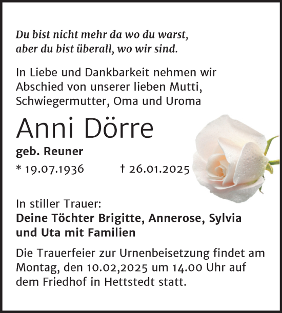 Traueranzeige von Anni Dörre von Trauerkombi Mansfelder Land