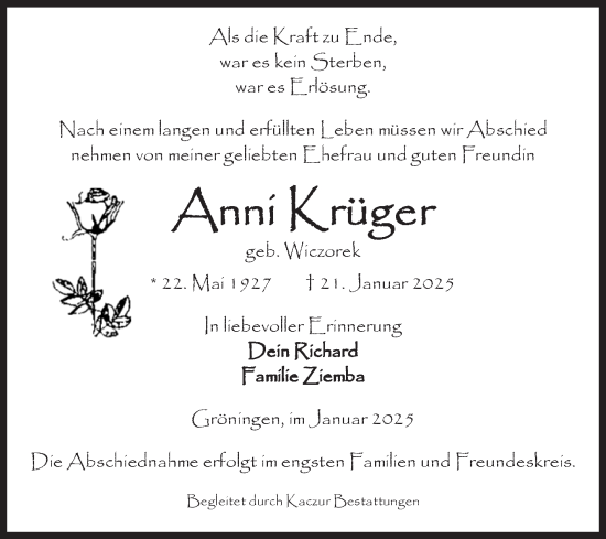 Traueranzeige von Anni Krüger von Volksstimme Oschersleben/Wanzleben
