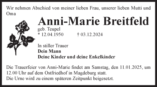 Traueranzeige von Anni-Marie Breitfeld von Volksstimme Magdeburg