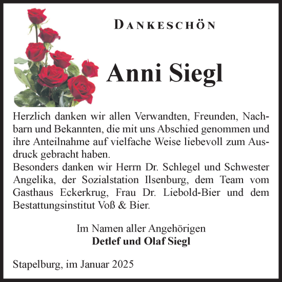 Traueranzeige von Anni Siegl von Volksstimme Wernigerode
