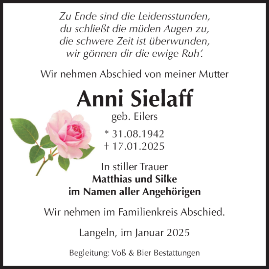 Traueranzeige von Anni Sielaff von Volksstimme Wernigerode