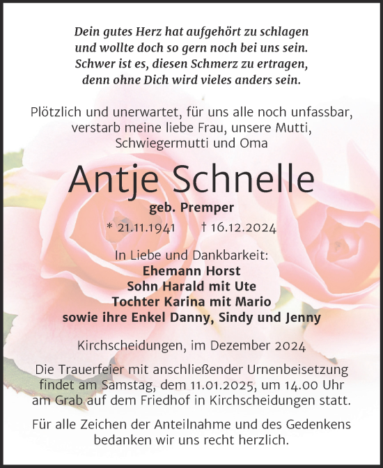 Traueranzeige von Antje Schnelle von Super Sonntag Naumburg/Nebra