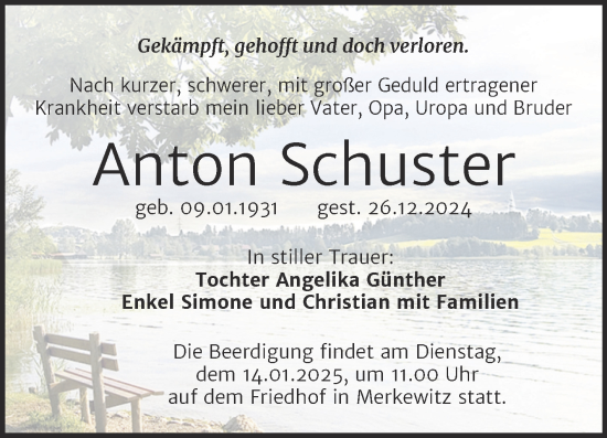 Traueranzeige von Anton Schuster von Mitteldeutsche Zeitung Halle/Saalkreis