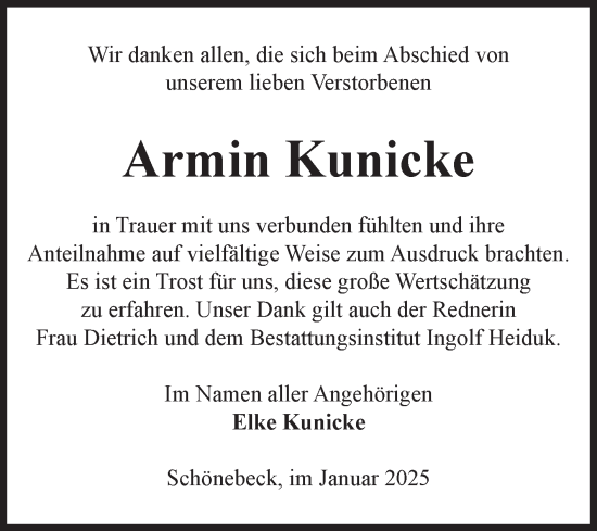Traueranzeige von Armin Kunicke von Volksstimme Schönebeck