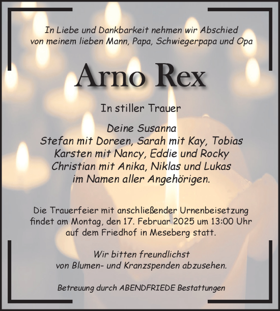 Traueranzeige von Arno Rex von Volksstimme Haldensleben/Wolmirstedt