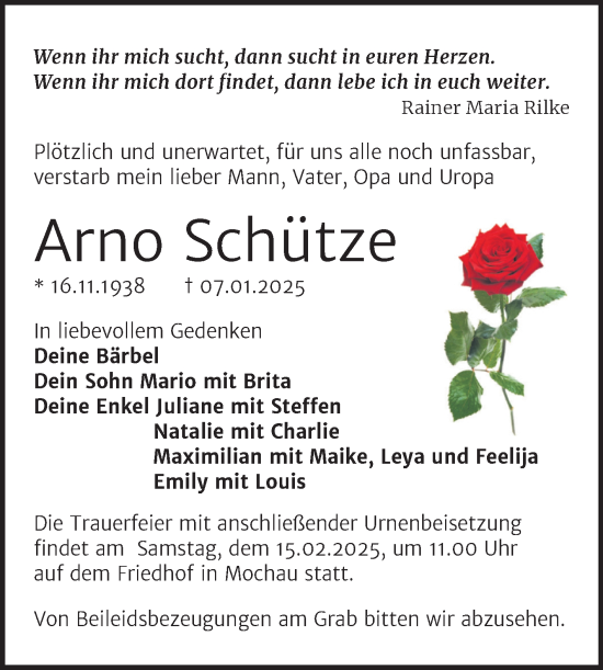 Traueranzeige von Arno Schütze von Trauerkombi Wittenberg