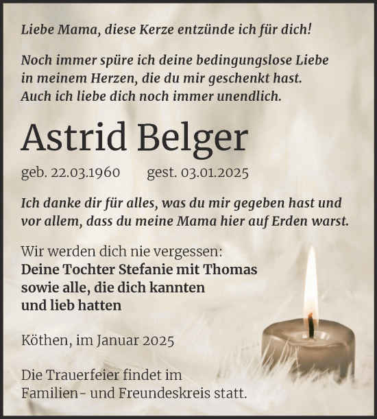Traueranzeige von Astrid Belger von Trauerkombi Köthen