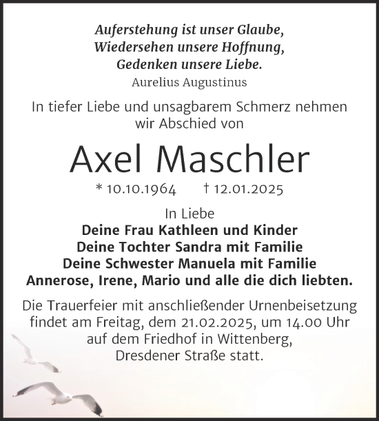 Traueranzeige von Axel Maschler von Trauerkombi Wittenberg