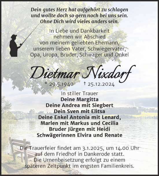 Traueranzeige von Dietmar Nixdorf von Trauerkombi Quedlinburg