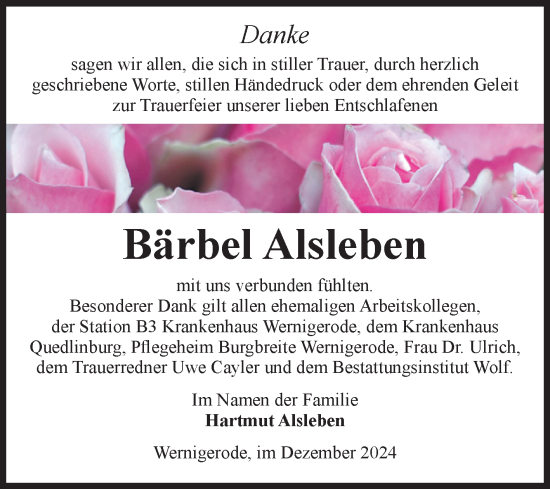 Traueranzeige von Bärbel Alsleben von Volksstimme Wernigerode