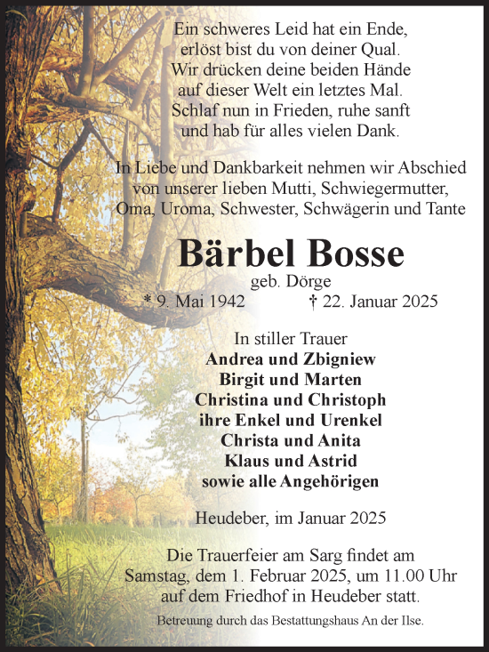 Traueranzeige von Bärbel Bosse von Volksstimme Halberstadt