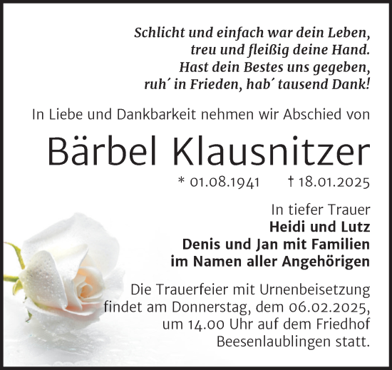 Traueranzeige von Bärbel Klausnitzer von Trauerkombi Bernburg