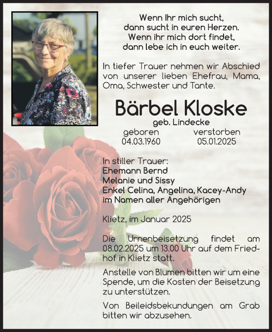 Traueranzeige von Bärbel Kloske von Volksstimme Altmark Ost