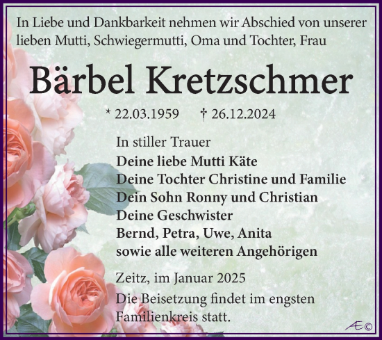 Traueranzeige von Bärbel Kretzschmer von Trauerkombi Zeitz