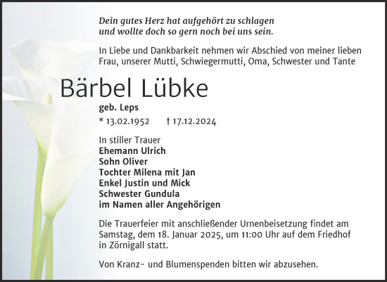 Traueranzeige von Bärbel Lübke von Super Sonntag Wittenberg