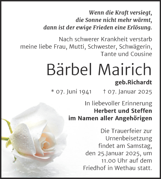 Traueranzeige von Bärbel Mairich von Naumburger Tageblatt