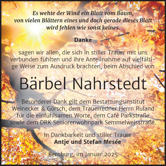 Traueranzeige von Bärbel Nahrstedt von Trauerkombi Bernburg