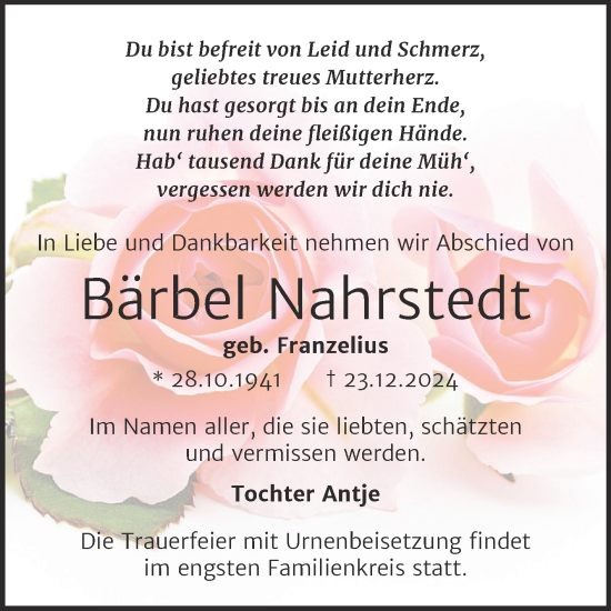 Traueranzeige von Bärbel Nahrstedt von Trauerkombi Bernburg
