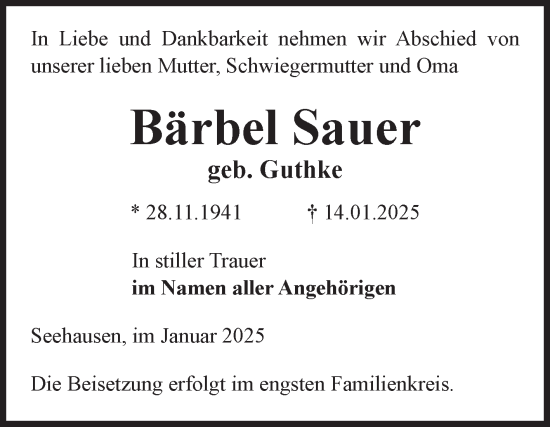 Traueranzeige von Bärbel Sauer von Volksstimme Altmark Ost