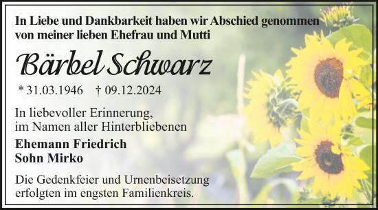 Traueranzeige von Bärbel Schwarz von Trauerkombi Dessau