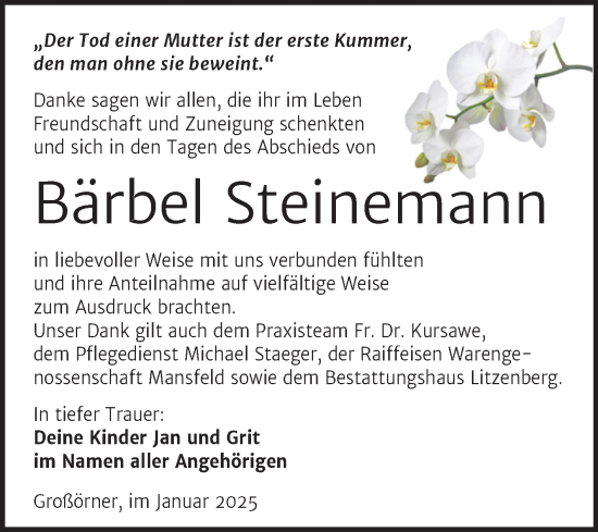 Traueranzeige von Bärbel Steinemann von Trauerkombi Mansfelder Land