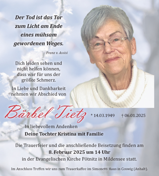 Traueranzeige von Bärbel Tietz von Trauerkombi Dessau