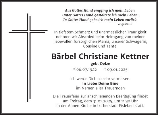 Traueranzeige von Bärbel Christiane Kettner von Trauerkombi Mansfelder Land
