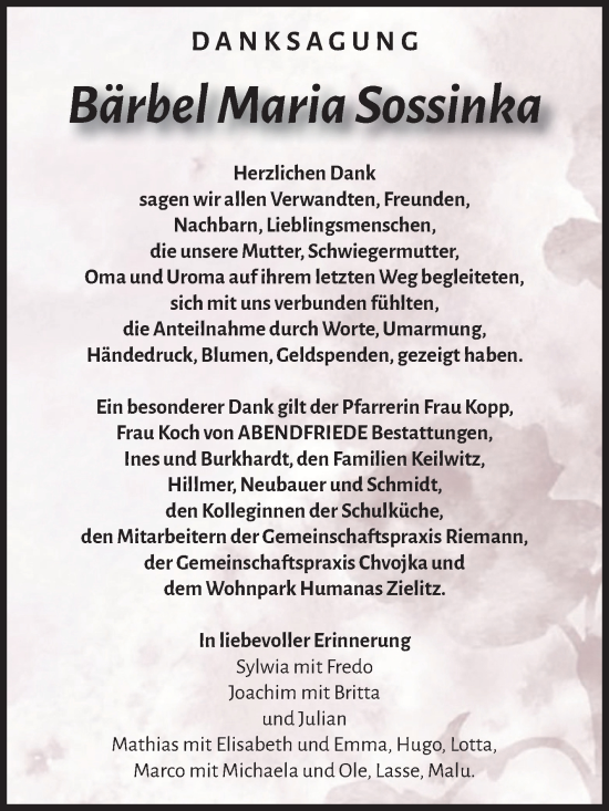Traueranzeige von Bärbel Maria Sossinka von Volksstimme Haldensleben/Wolmirstedt