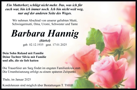 Traueranzeige von Barbara Hannig von Trauerkombi Quedlinburg