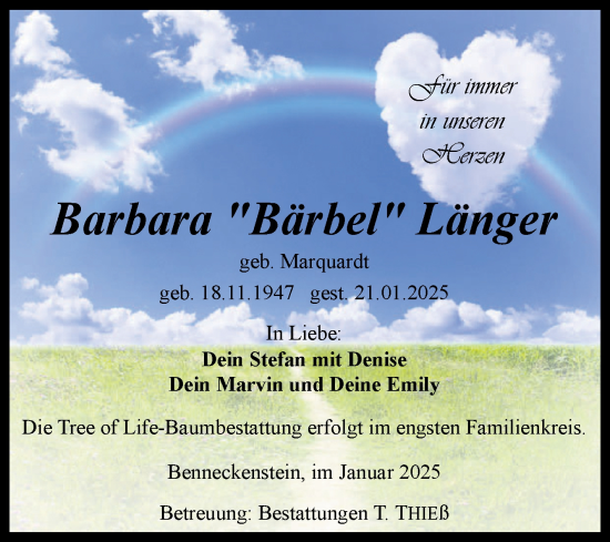 Traueranzeige von Barbara Länger von Volksstimme Wernigerode