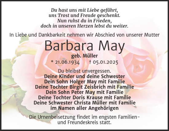 Traueranzeige von Barbara May von Volksstimme Burg/Genthin